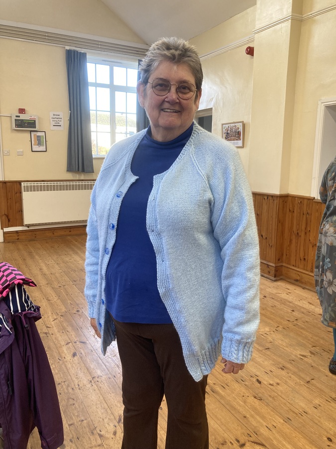 Lovely cardigan made and modelled by Gwenda
